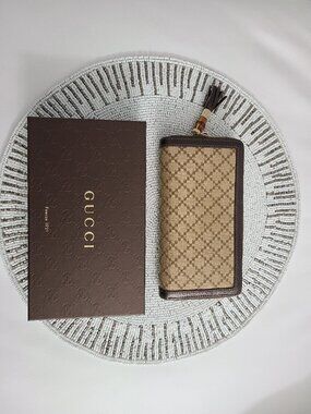 Gucci Diamante Canvas and Leather Trim Bamboo Tassel Zip Around Wallet